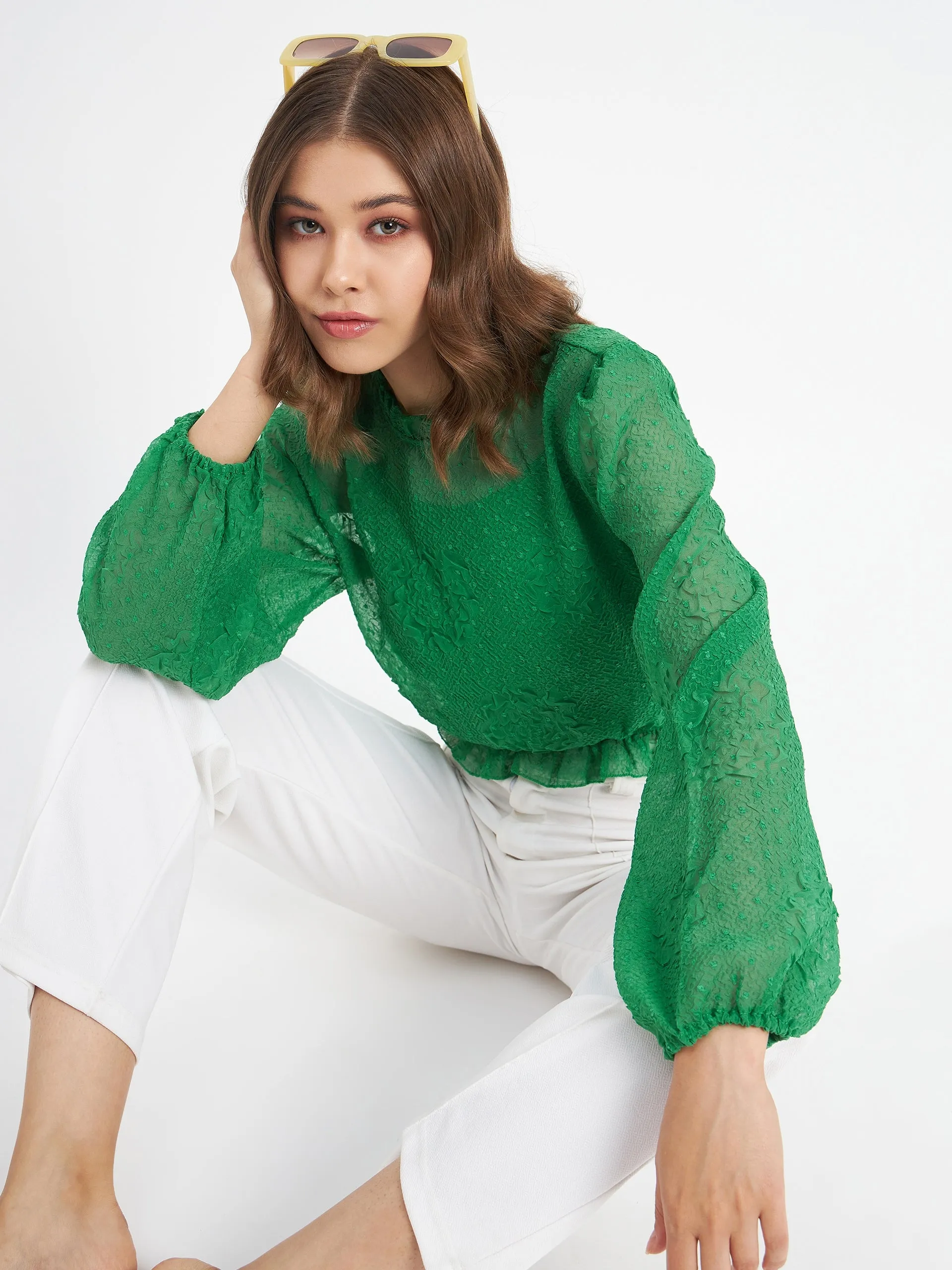 AntiBacterialTextile Tight Core Madame Textured Swiss Dot Detail Green Peplum Top