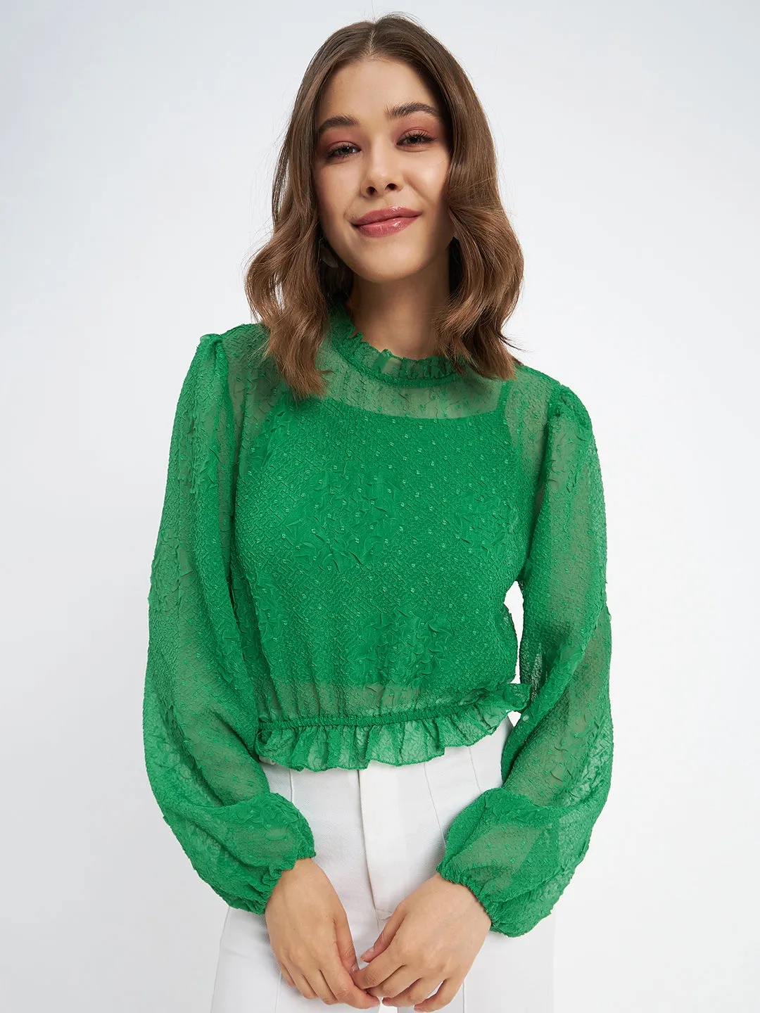 ThermalRegulating Fabric Madame Textured Swiss Dot Detail Green Peplum Top