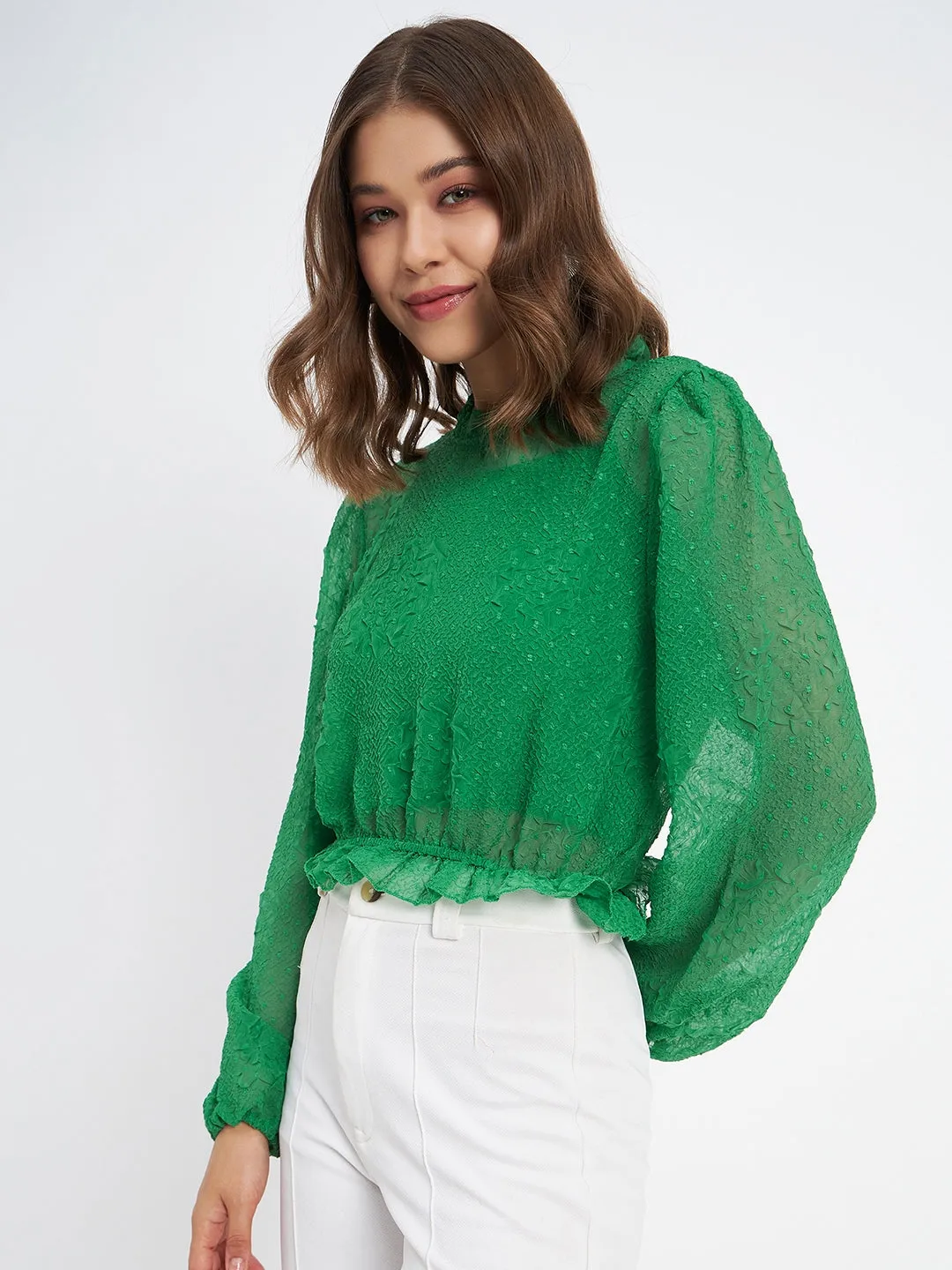 Art Core Madame Textured Swiss Dot Detail Green Peplum Top