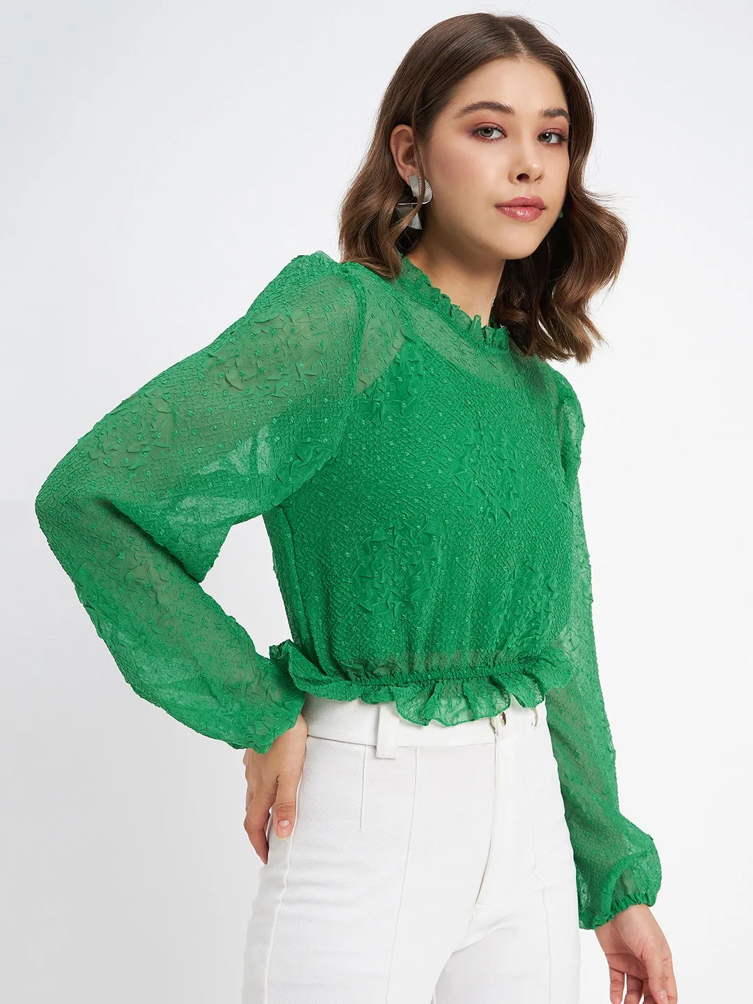 Madame Textured Swiss Dot Detail Green Peplum Top Bright Color