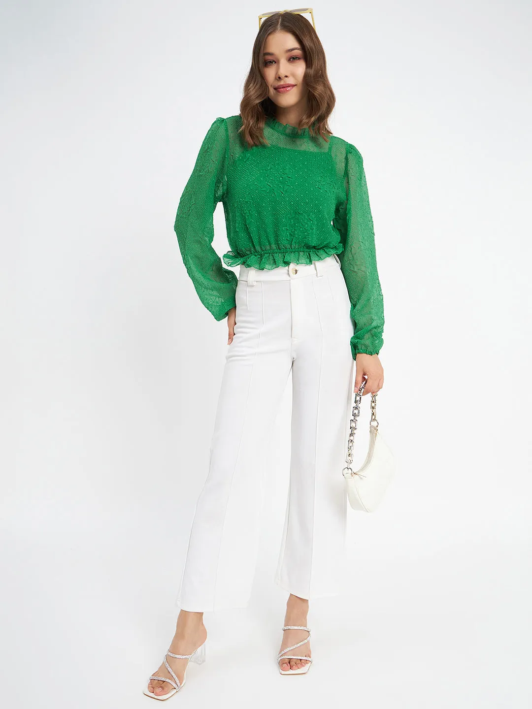 Madame Textured Swiss Dot Detail Green Peplum Top Winter Ready EcoFriendlyDyeProcess