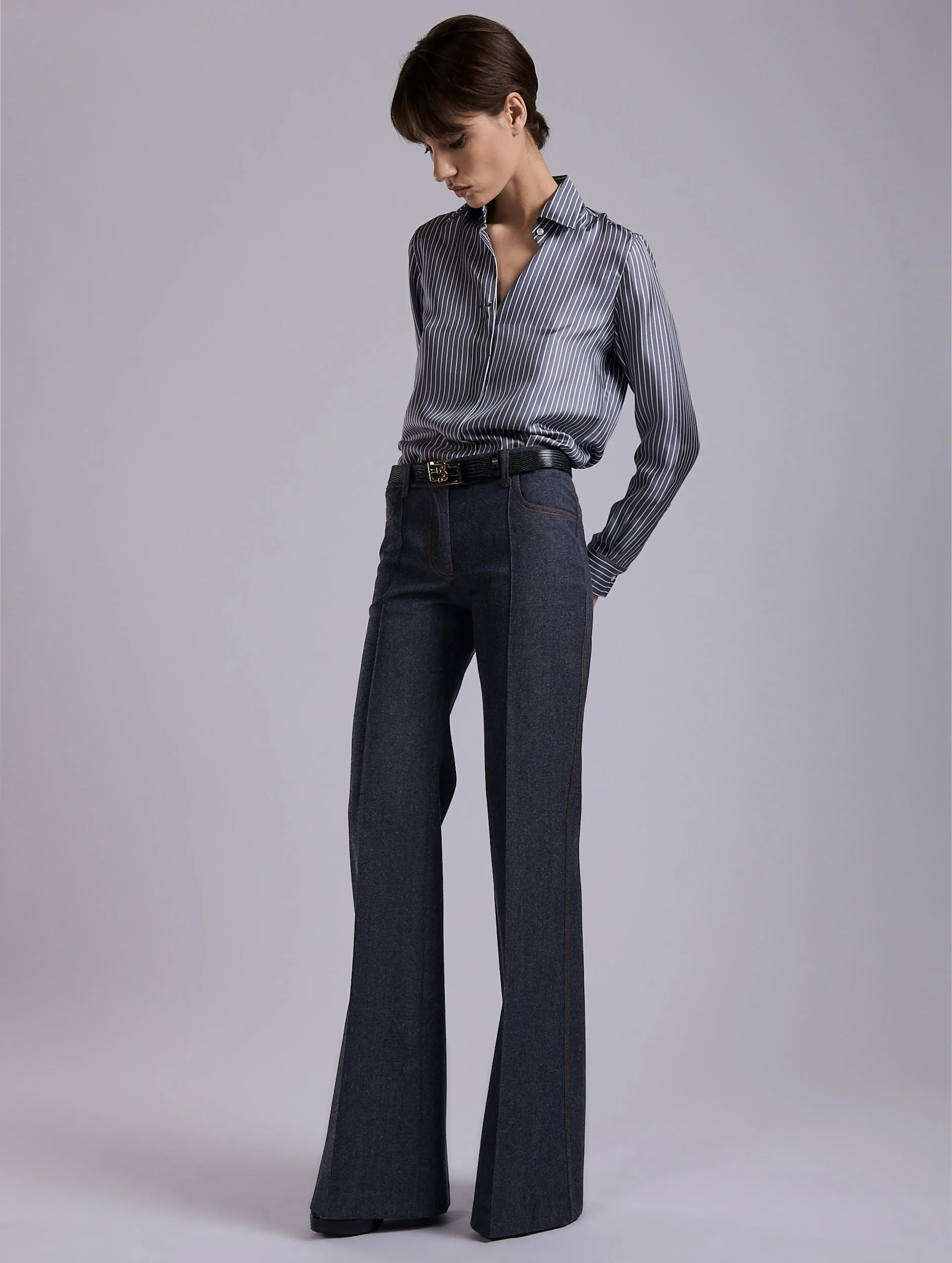 Blue wool denim flare trousers Comfort Wearable Office Appropriate