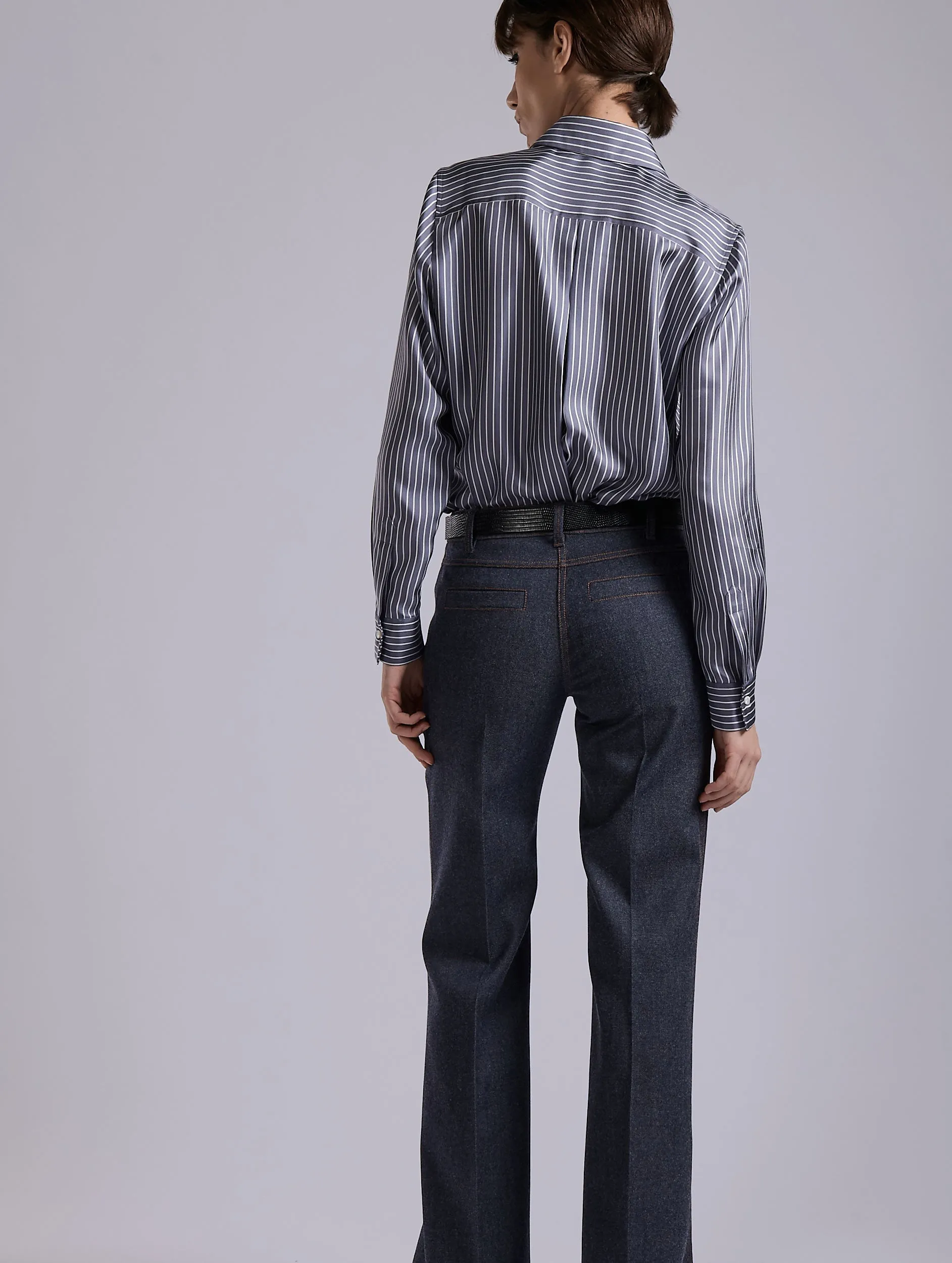 Flexible Leg Flexible Use Blue wool denim flare trousers