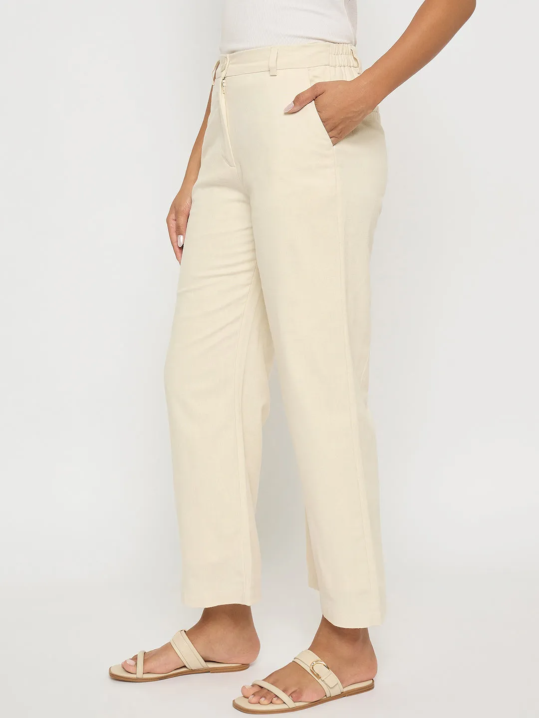 Madame Solid Wide Leg Off White Rayon Blend Trousers Adjustable loop Flowy legs