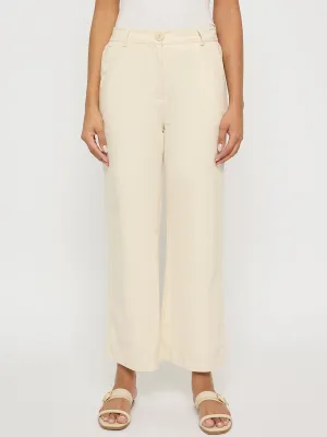 Madame Solid Wide Leg Off White Rayon Blend Trousers Yoga Ready