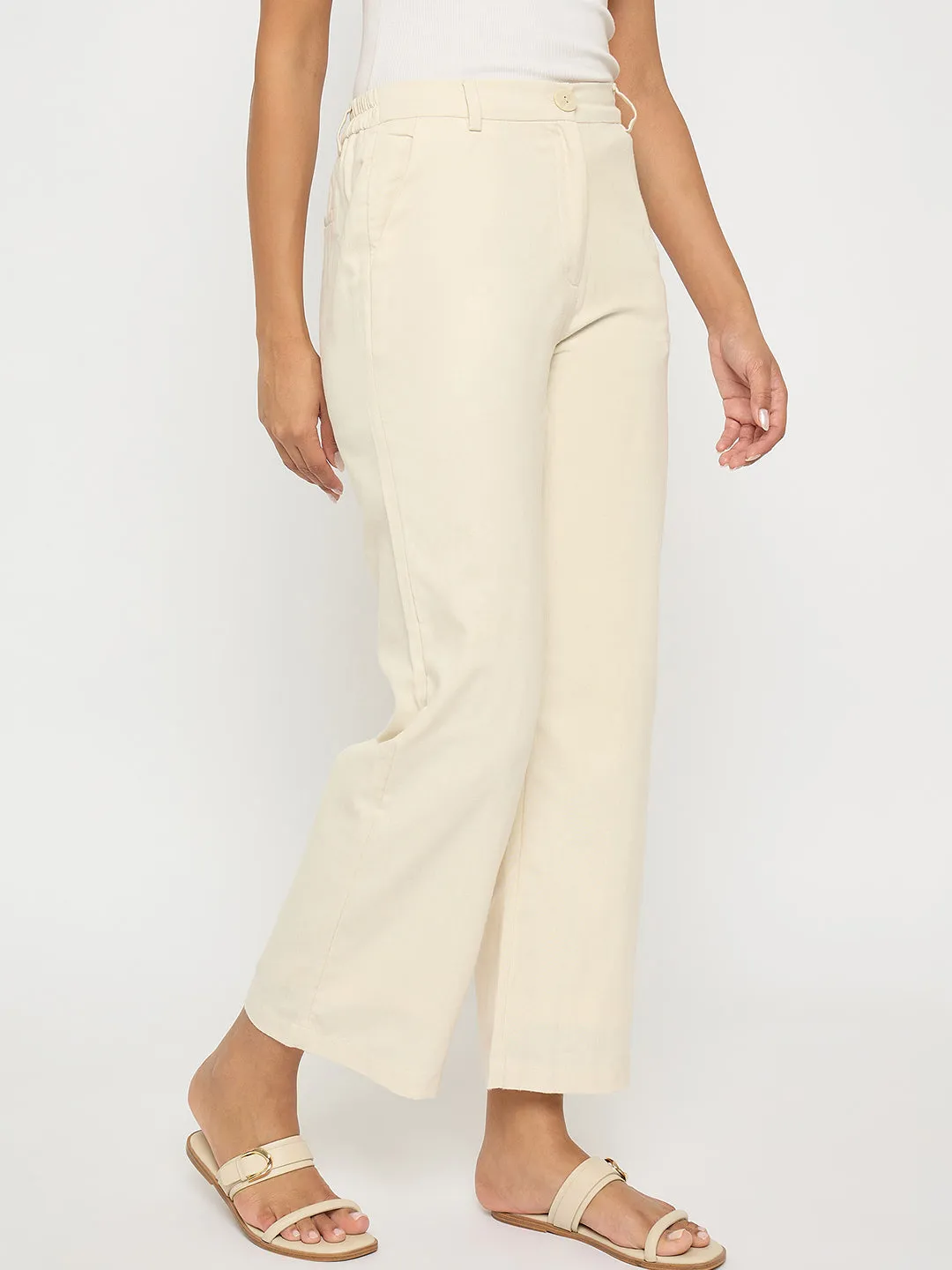Madame Solid Wide Leg Off White Rayon Blend Trousers Anti Pilling Fabric Soft Feel