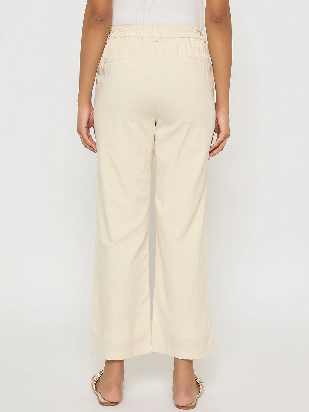 Madame Solid Wide Leg Off White Rayon Blend Trousers Moisture Lock Technology Rubberized grip