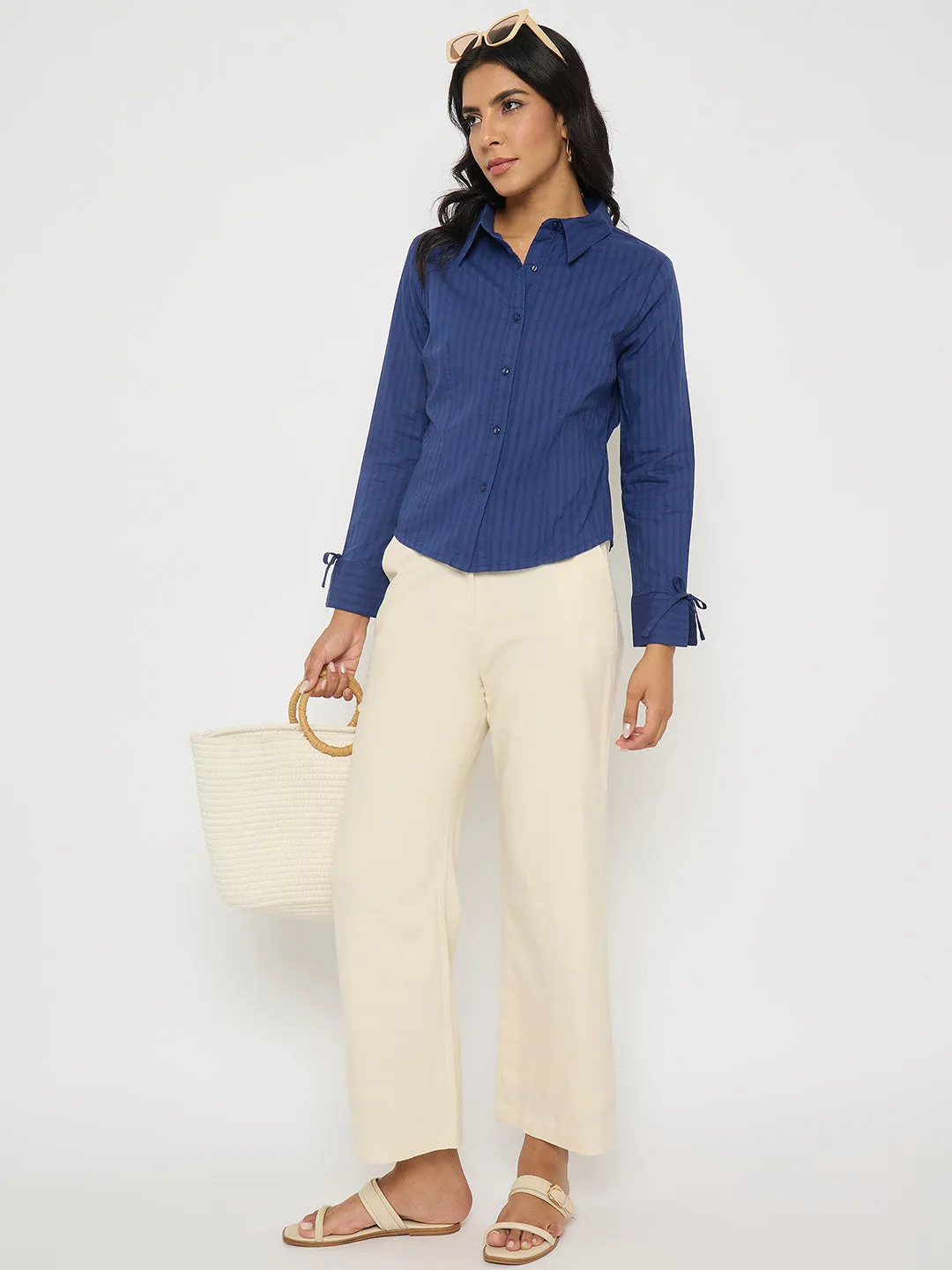 Madame Solid Wide Leg Off White Rayon Blend Trousers Belt loops Relaxed Wear