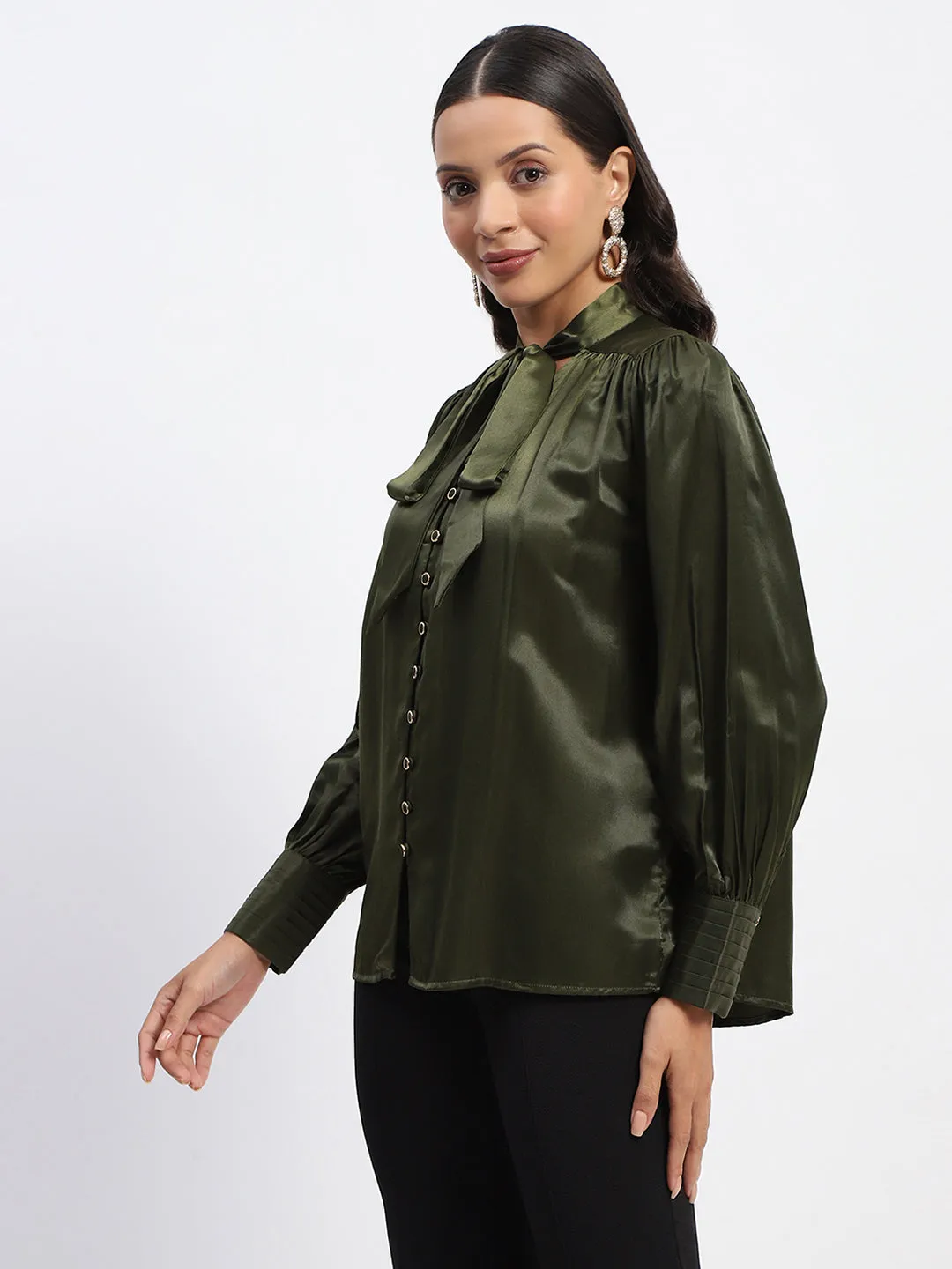 Madame Tie Up Neck Cuffed Sleeve Olive Top Legend Fit AntiSnag Threading