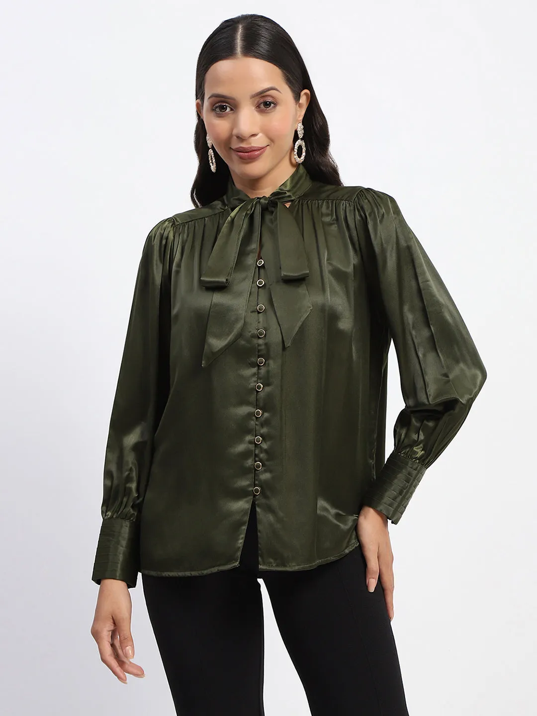 OdorControl Technology Madame Tie Up Neck Cuffed Sleeve Olive Top