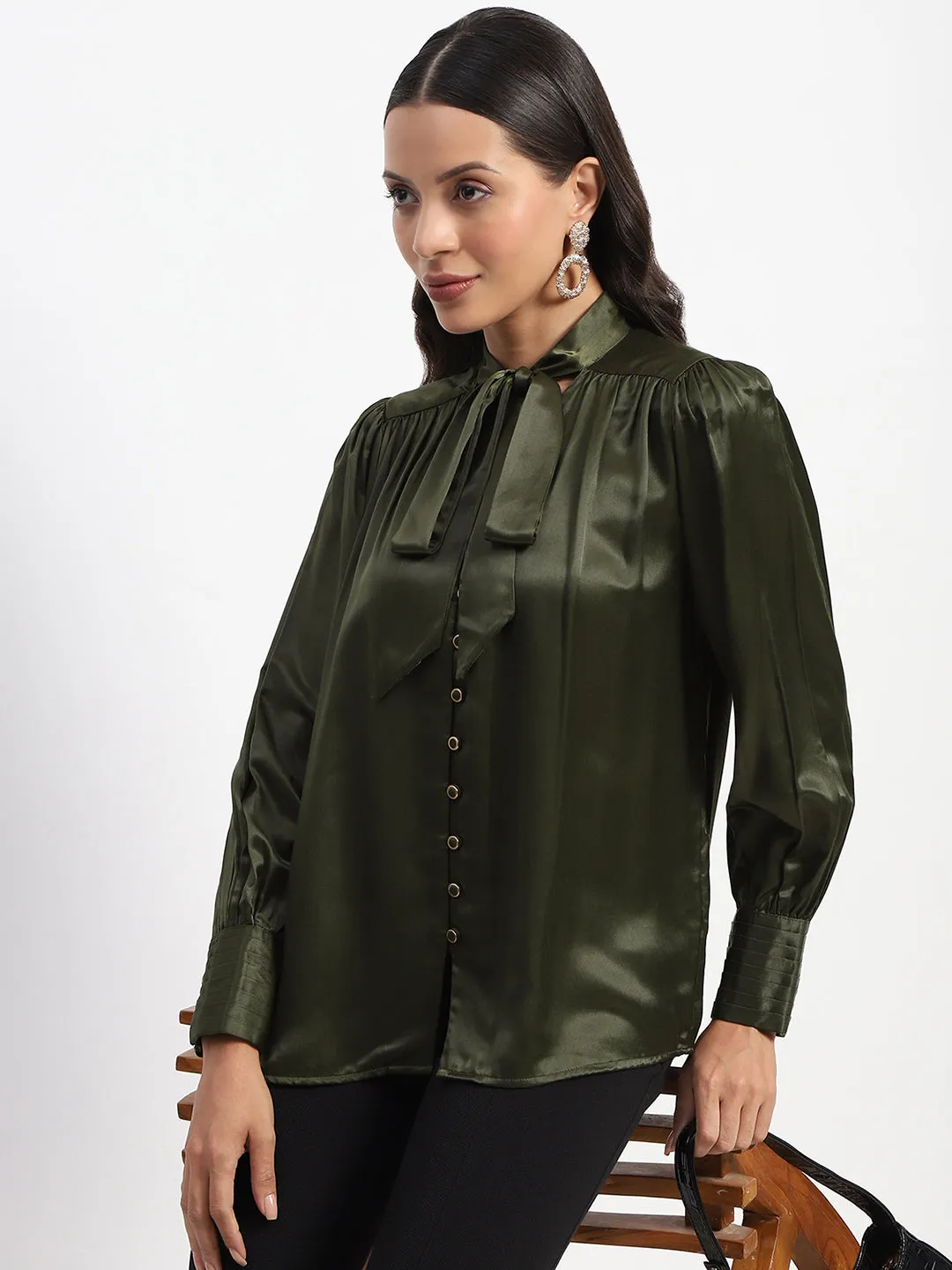 FourWayStretch Busy Glow Madame Tie Up Neck Cuffed Sleeve Olive Top