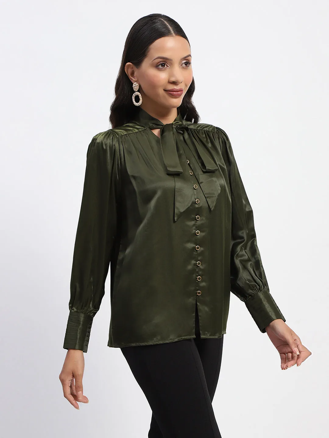 Smart Wear Madame Tie Up Neck Cuffed Sleeve Olive Top