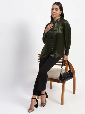 NonSlipTrim Madame Tie Up Neck Cuffed Sleeve Olive Top
