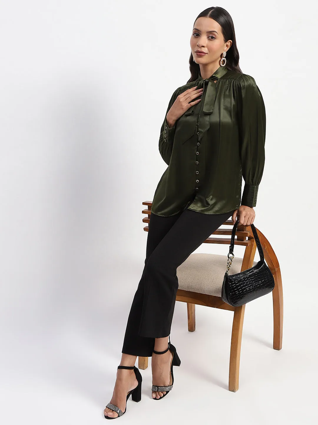 NonSlipTrim Madame Tie Up Neck Cuffed Sleeve Olive Top