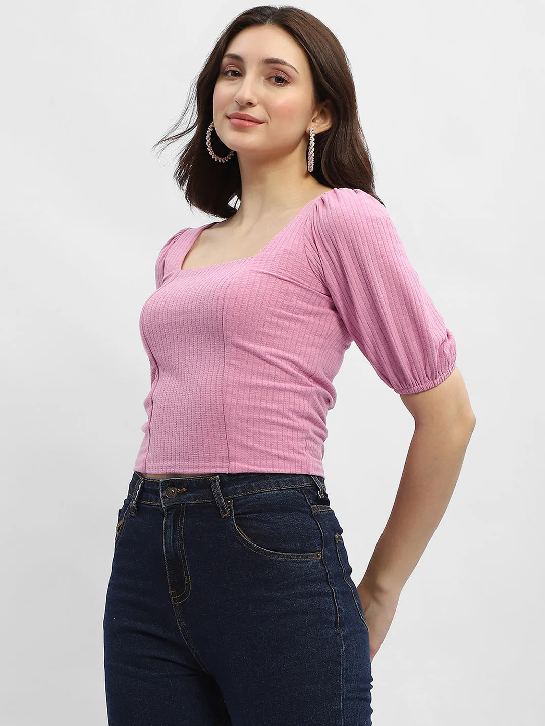 Madame Criss-Cross Back Pink Textured Top Flexible Waistline Tight Core