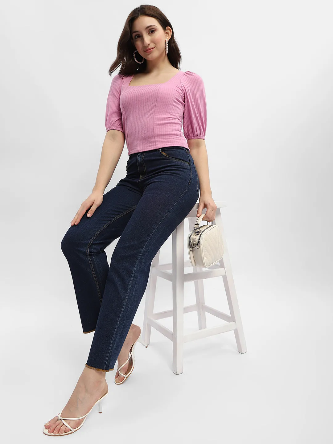 StainRepellentSurface Tencel Blend Fabric Madame Criss-Cross Back Pink Textured Top