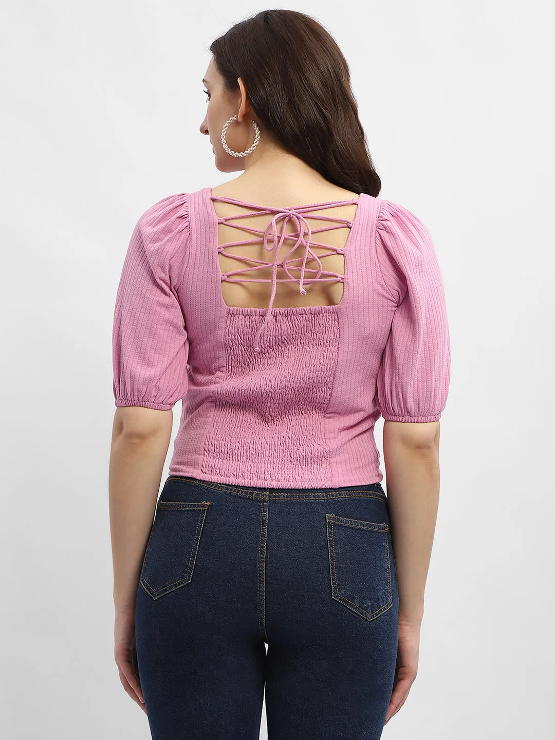 Madame Criss-Cross Back Pink Textured Top QuickDry Construction