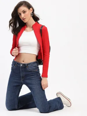 Madame Ribbed Mock Neck Zipped Red Crop Top ReinforcedKnees