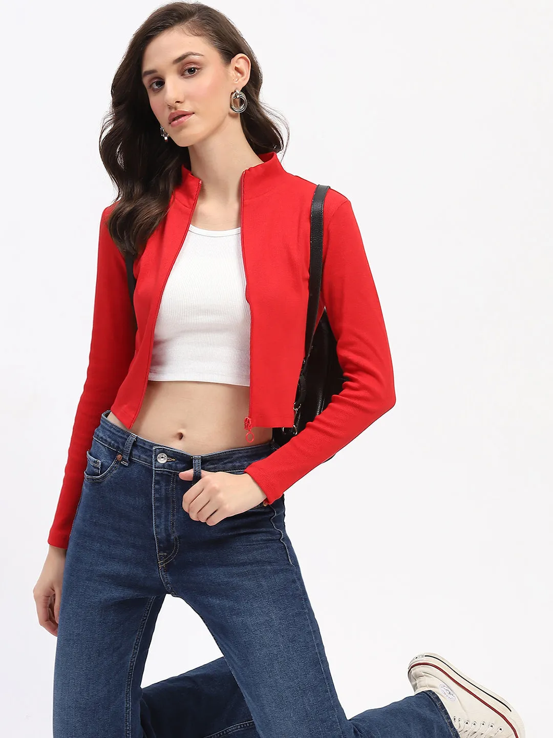 Modern Outfit Madame Ribbed Mock Neck Zipped Red Crop Top