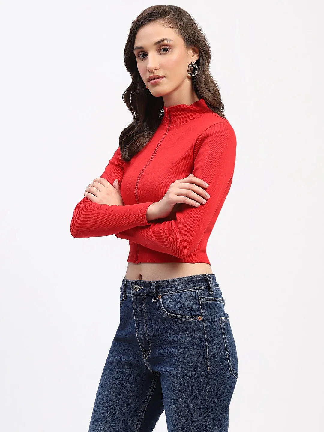 AdjustableWaist Madame Ribbed Mock Neck Zipped Red Crop Top