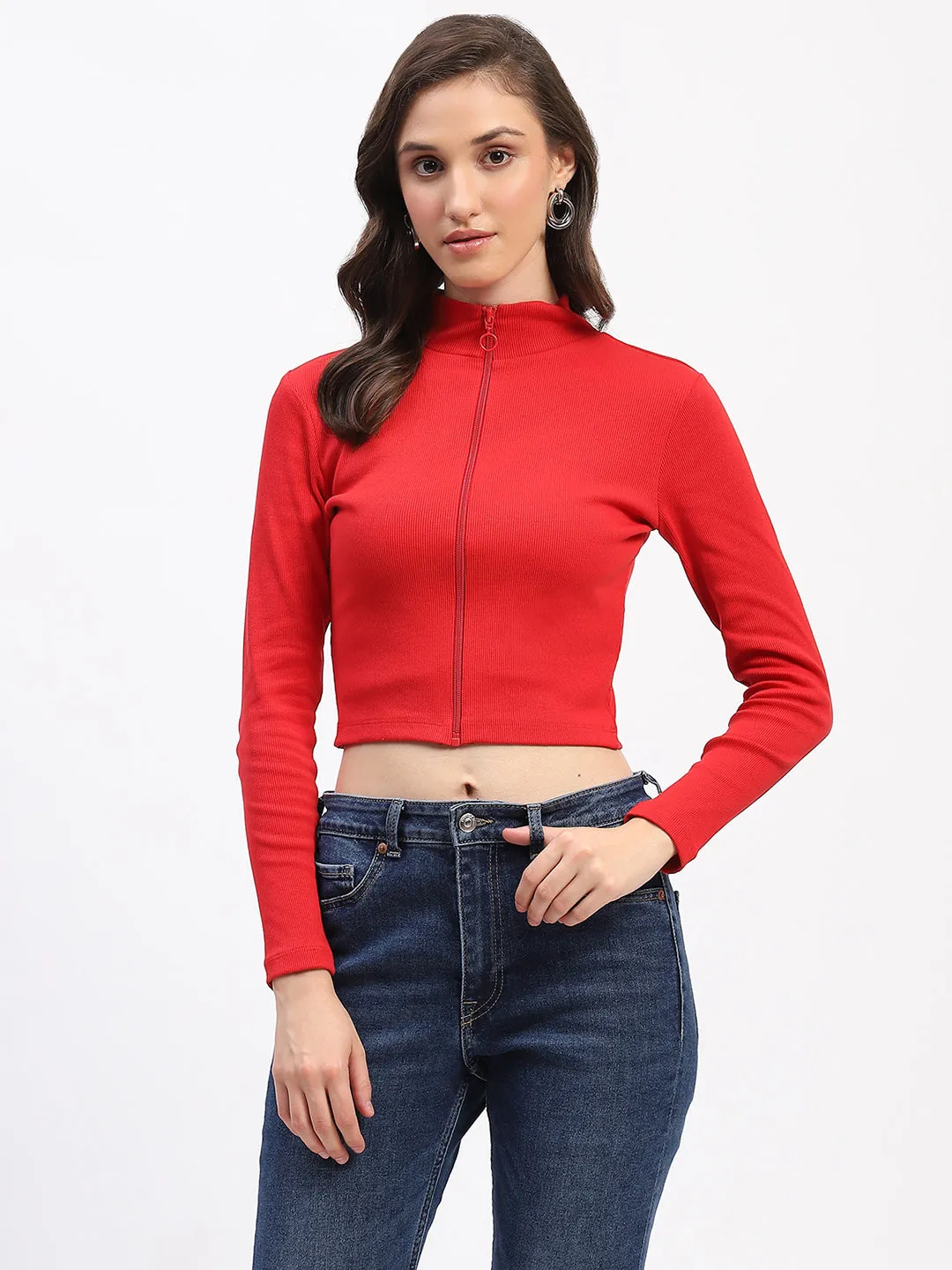 Translucent Soul Adjustable drawstring Madame Ribbed Mock Neck Zipped Red Crop Top