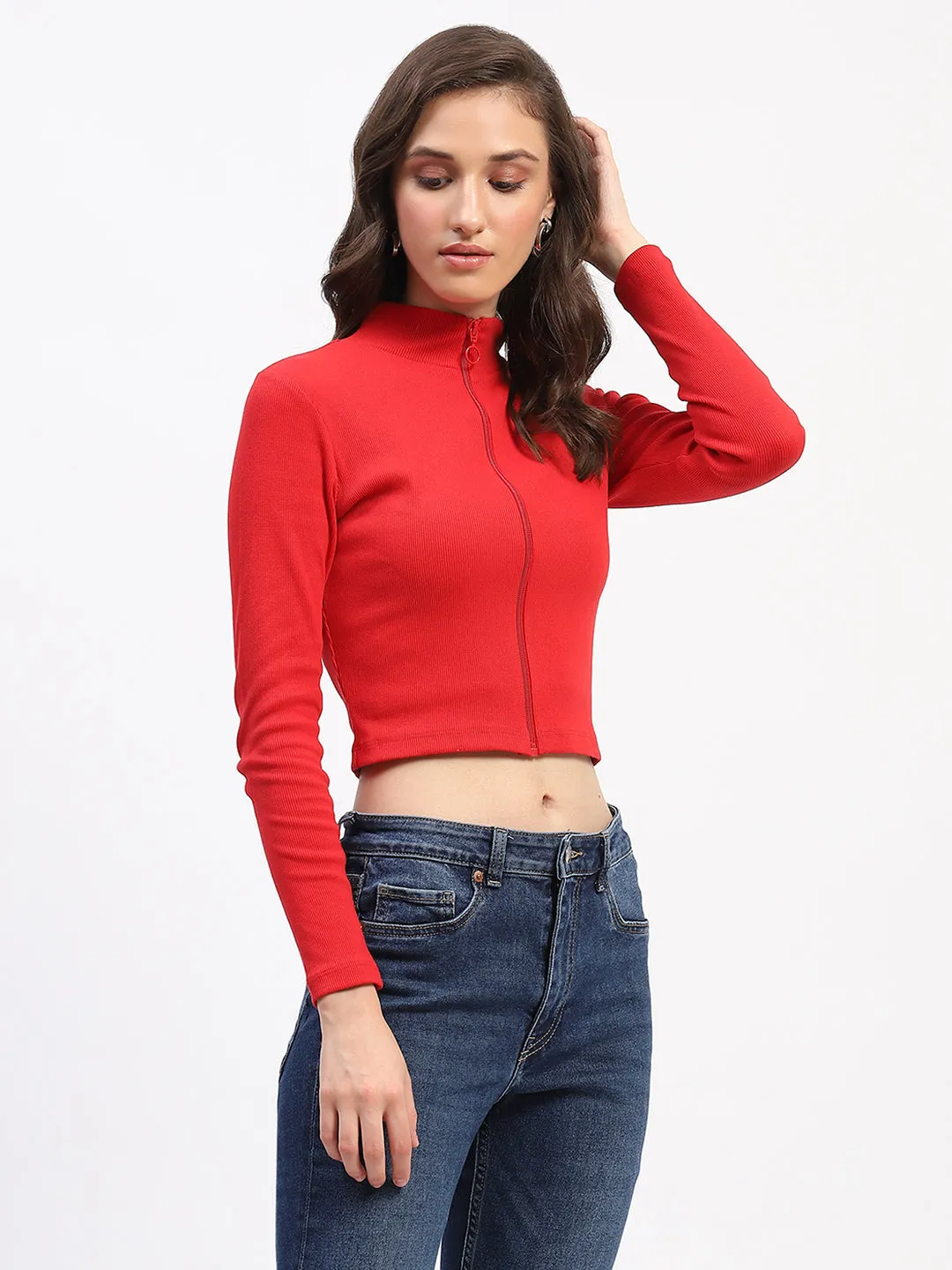 Madame Ribbed Mock Neck Zipped Red Crop Top Elegant Layer