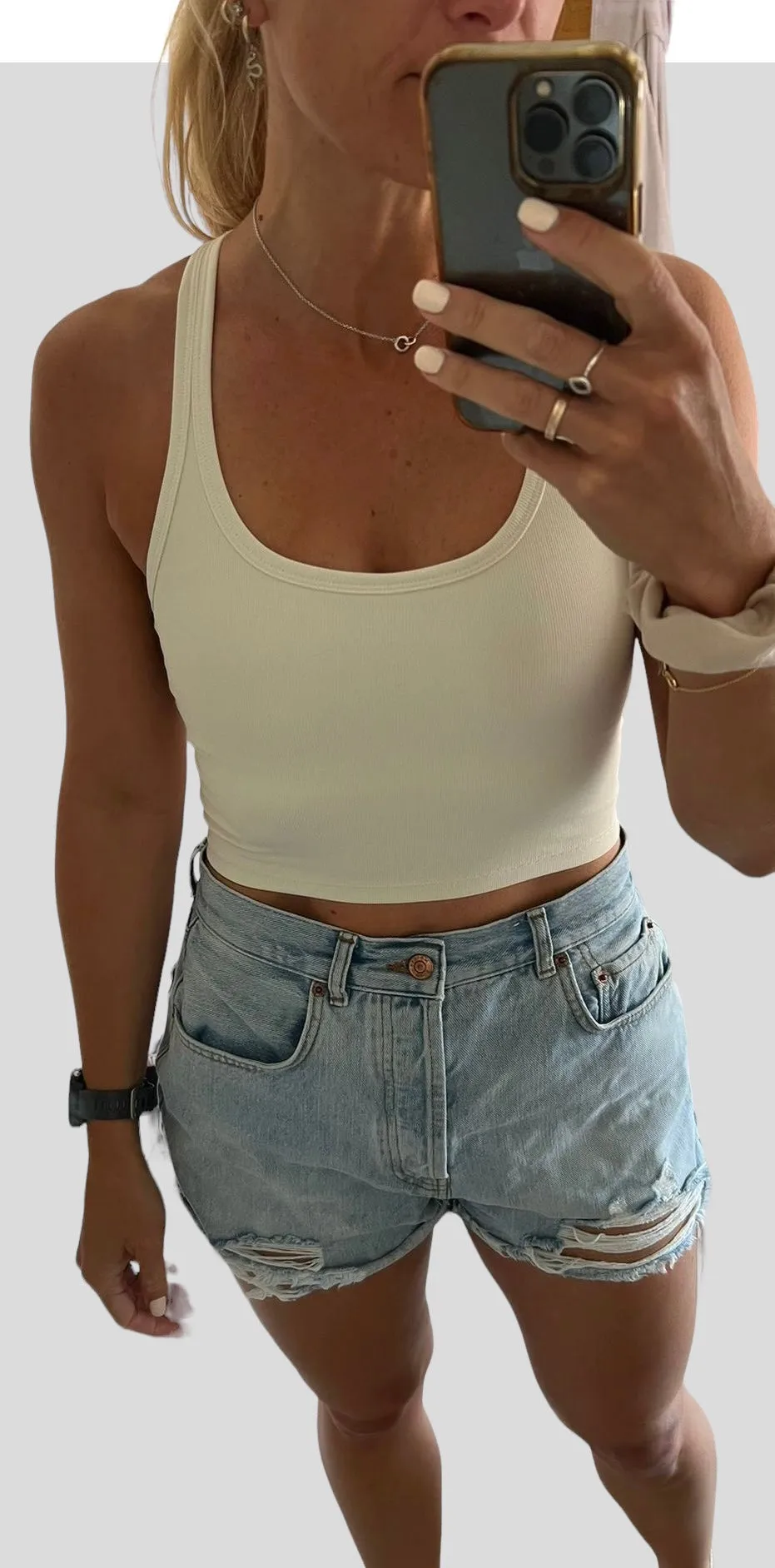 Coverstitch seams Cream Long Line Ribbed Bra Top No