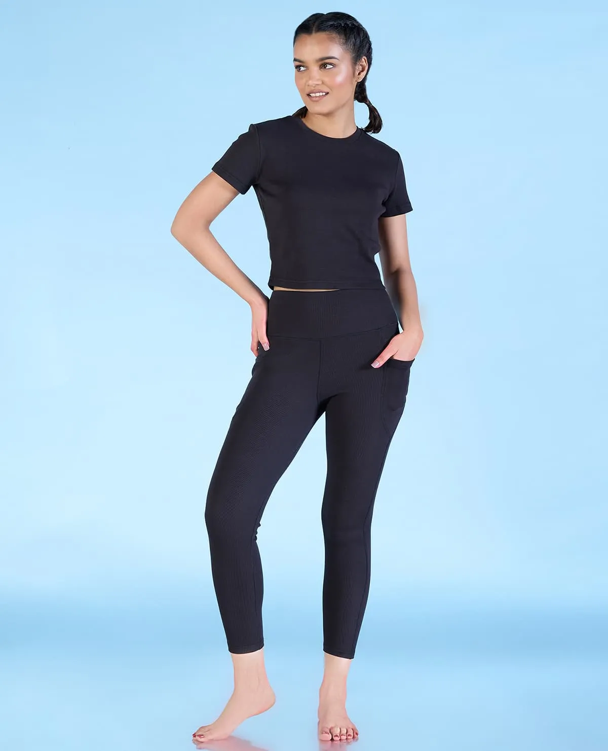 Athletic Wear Four Way Daily Routine Ribbed High Waisted Leggings Black