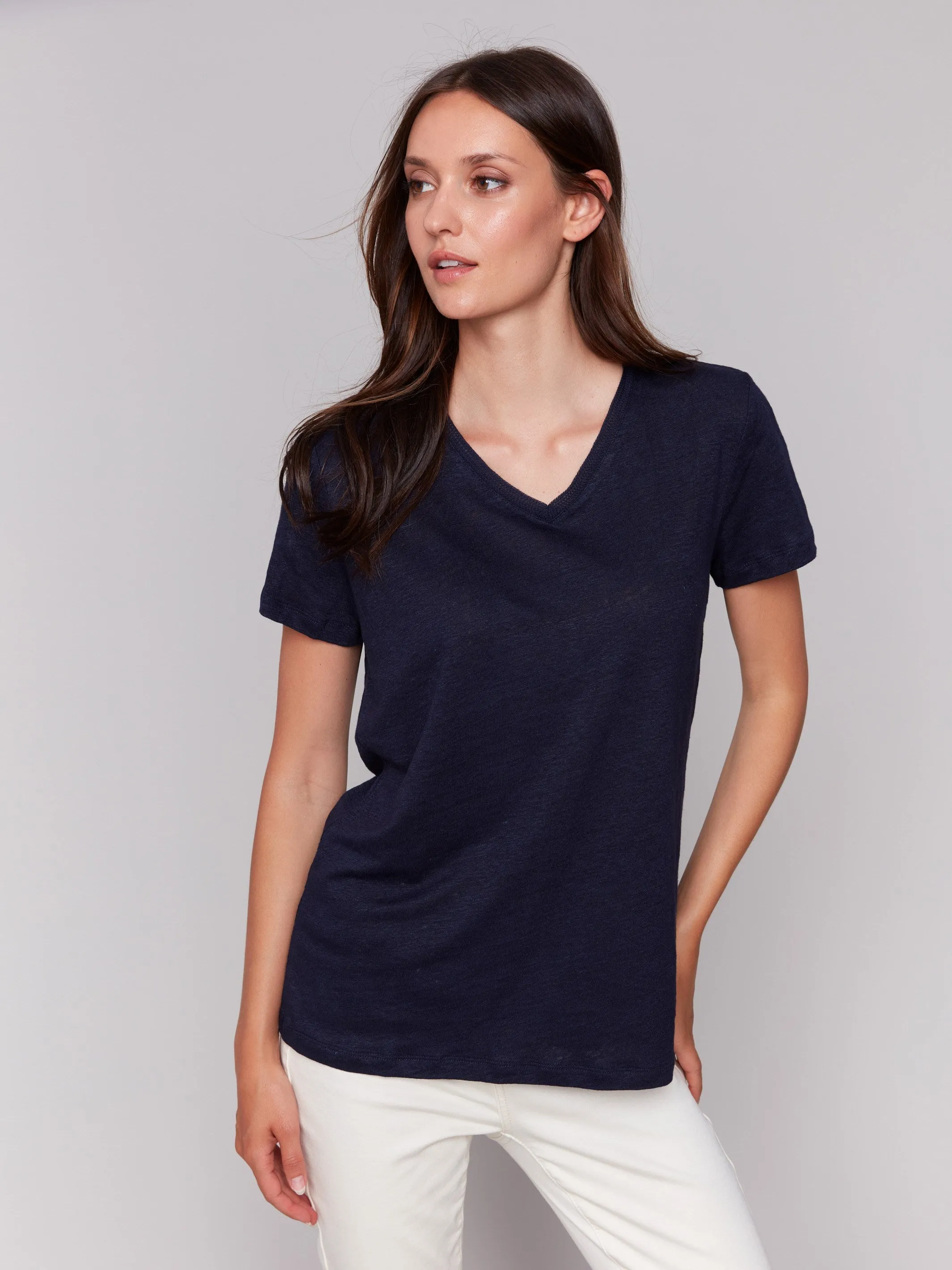 MinimalistStyle Linen Blend V-Neck T-Shirt - Navy
