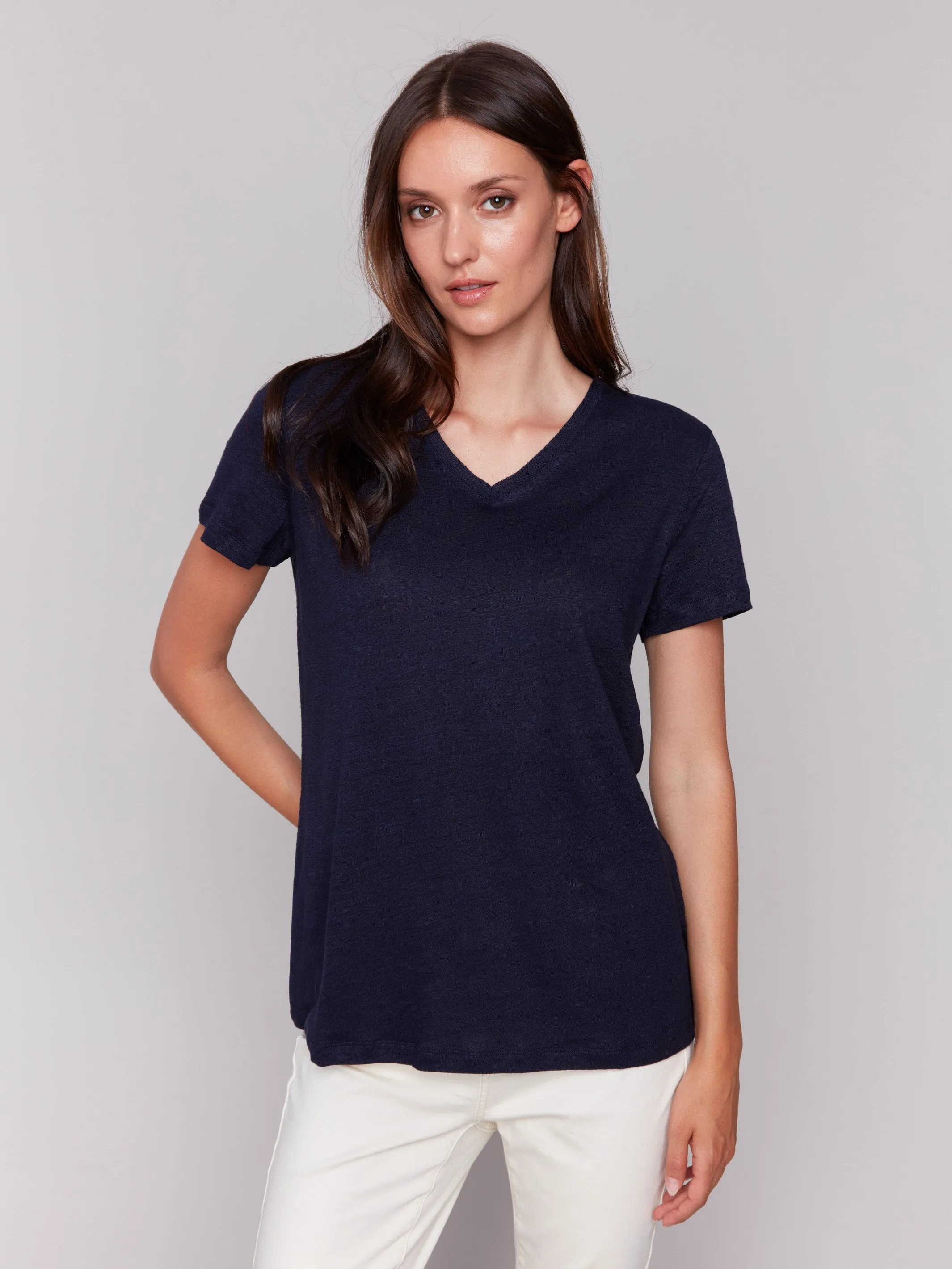 Stretch Fabric Linen Blend V-Neck T-Shirt - Navy