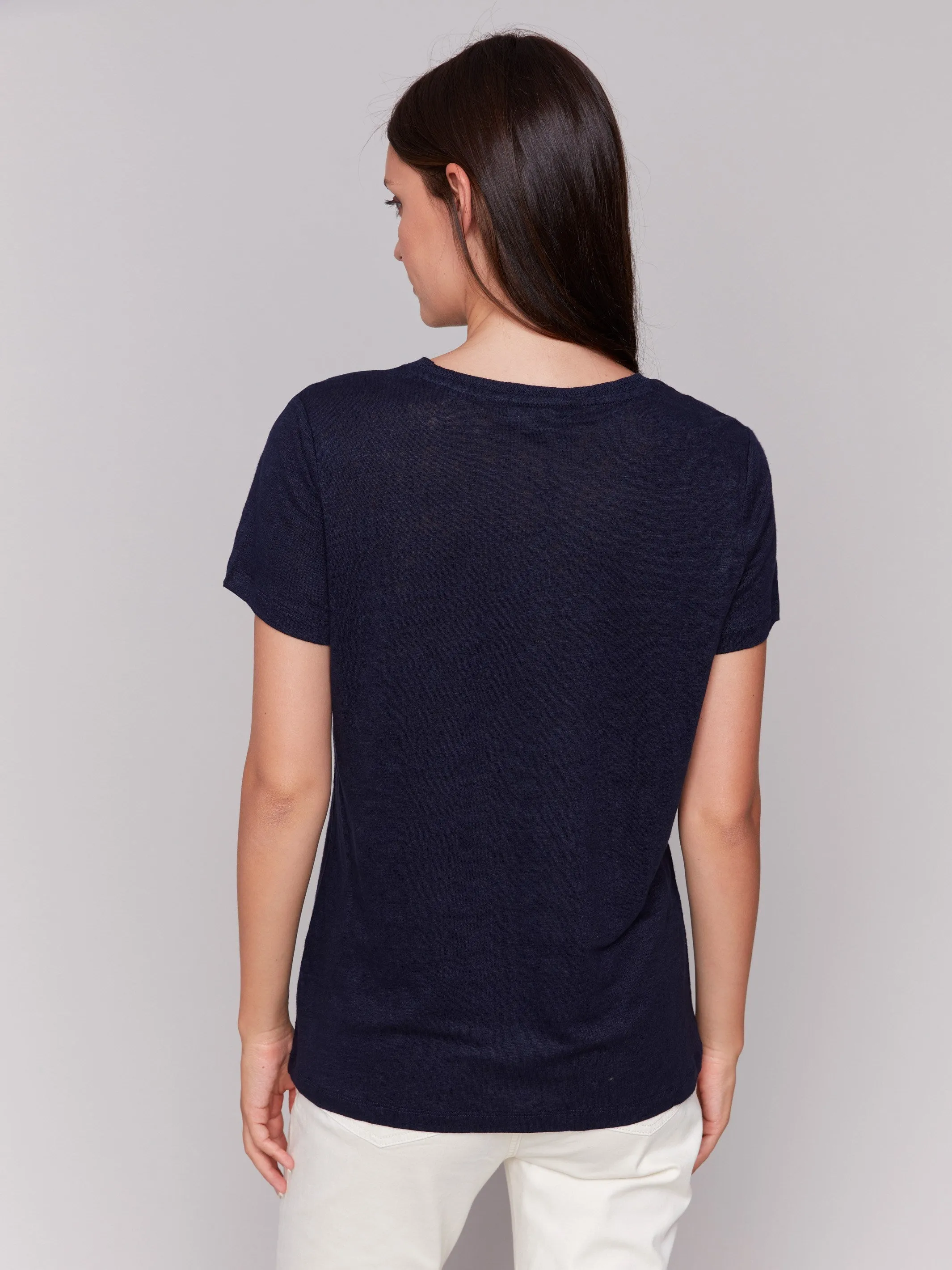 Farm Glow Linen Blend V-Neck T-Shirt - Navy