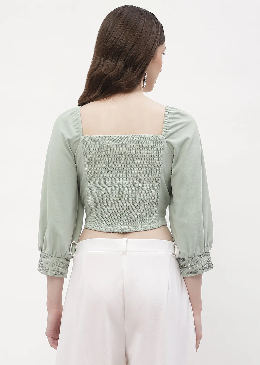 FourWayStretchClothing Elastic cuffs Madame Sweetheart Neck Sage Green Embellished Cuffs Top
