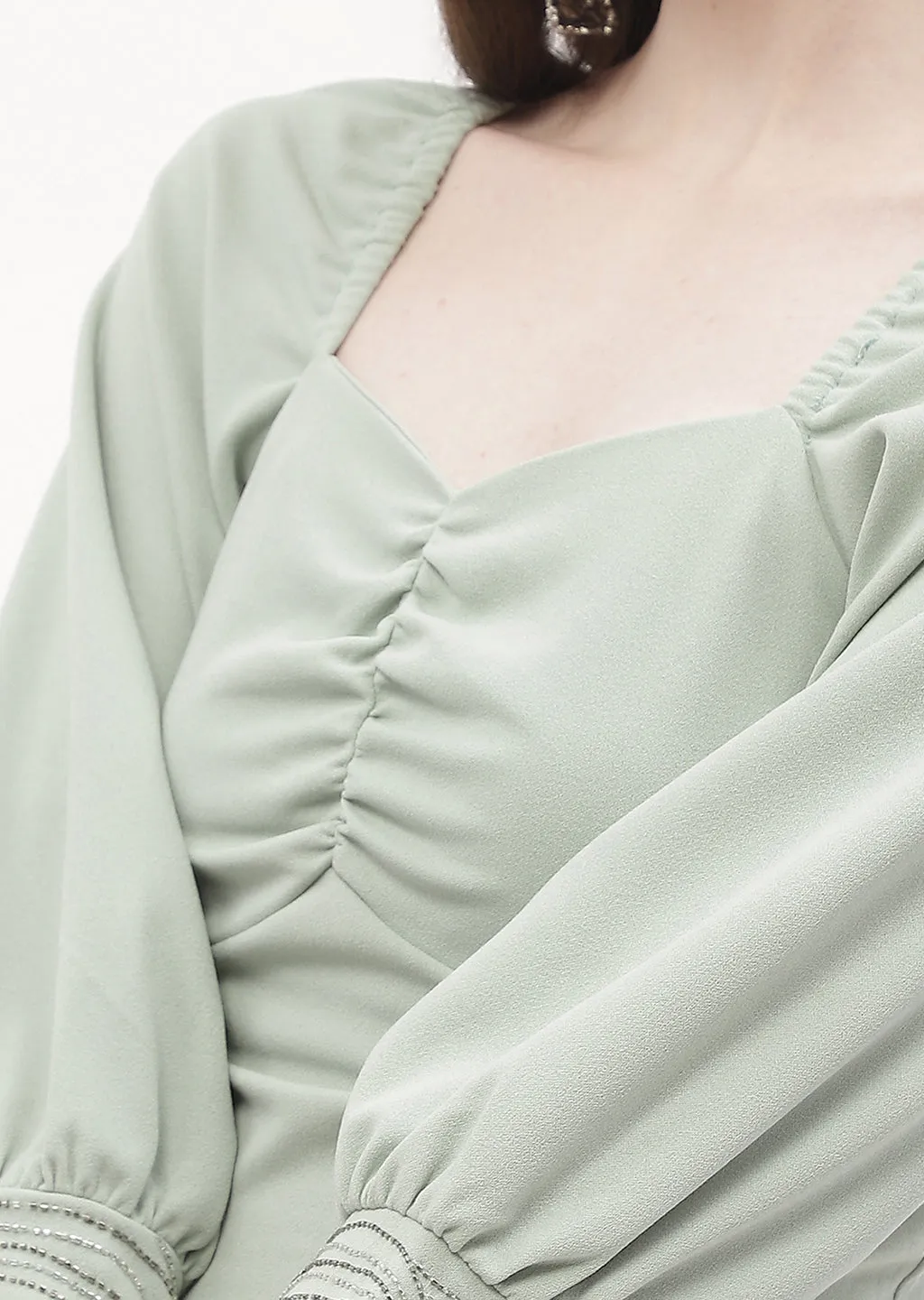 Utility Mode Madame Sweetheart Neck Sage Green Embellished Cuffs Top