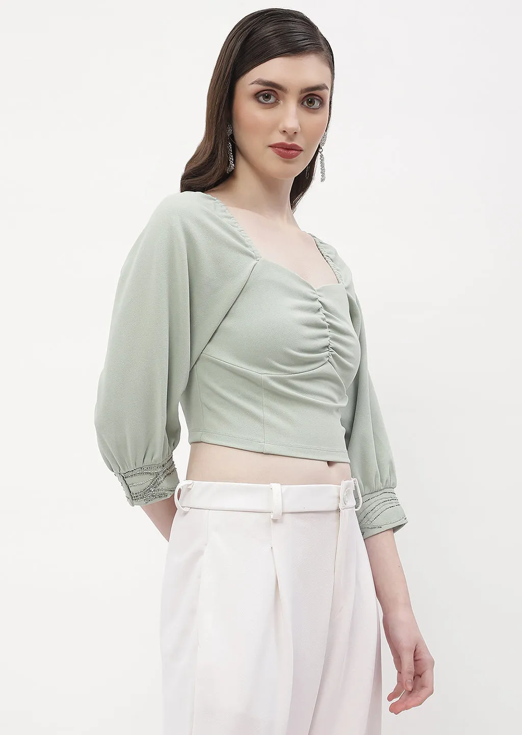 Madame Sweetheart Neck Sage Green Embellished Cuffs Top Weekend Wear Sun shield