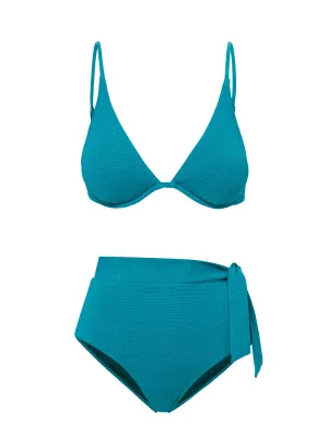Leah Top   Side Tie High Waist Bottom in Jungle Green Metallic Pique Breathable Inner Layer Multi Hook Closure