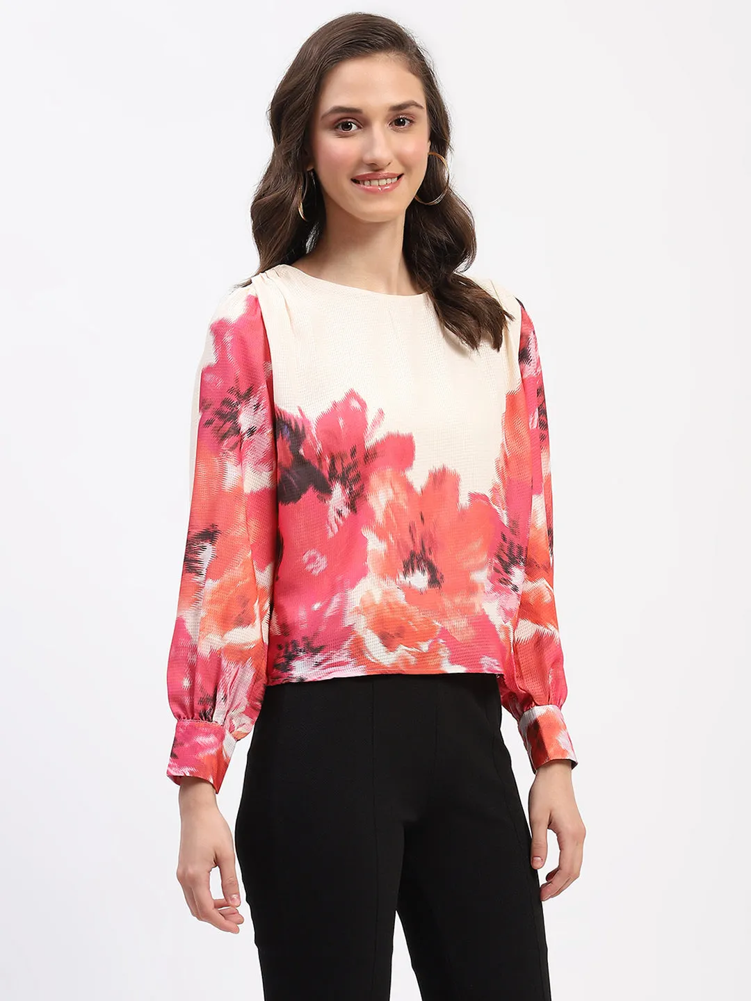 Versatile Fashion Madame Floral Print Cuff Sleeve Beige Top
