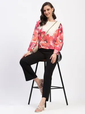 Madame Floral Print Cuff Sleeve Beige Top Teen Fresh Travel Vibe