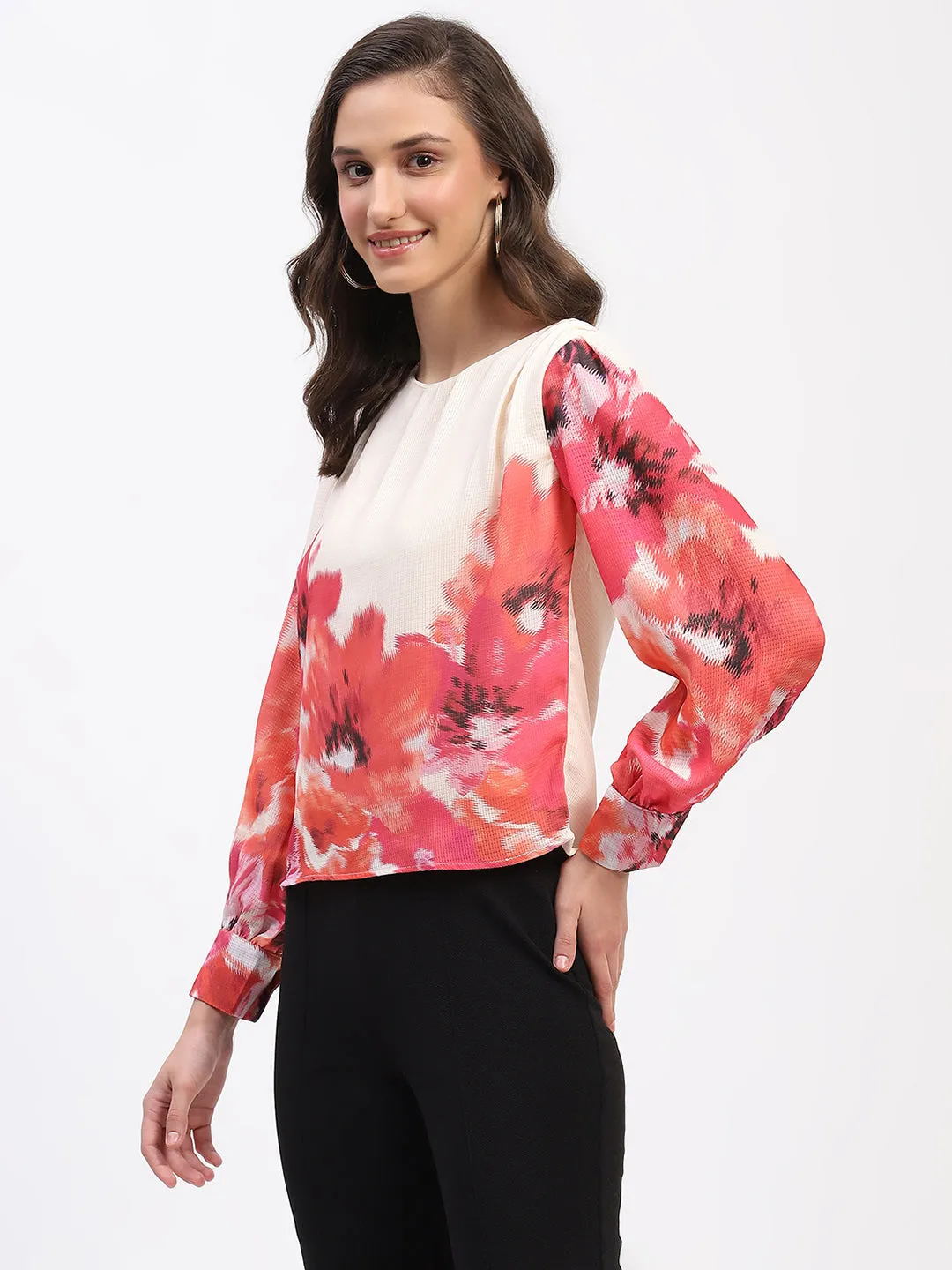 Madame Floral Print Cuff Sleeve Beige Top Stone Glow Bold Core