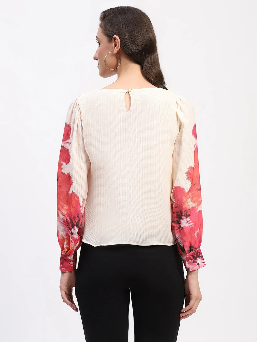 Low Maintenance Madame Floral Print Cuff Sleeve Beige Top