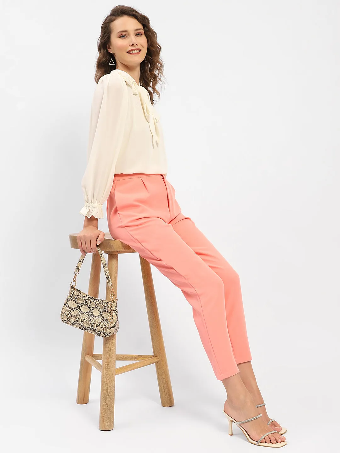 StretchMaterial Anti Chafe Lining Madame Salmon Solid Regular Trousers