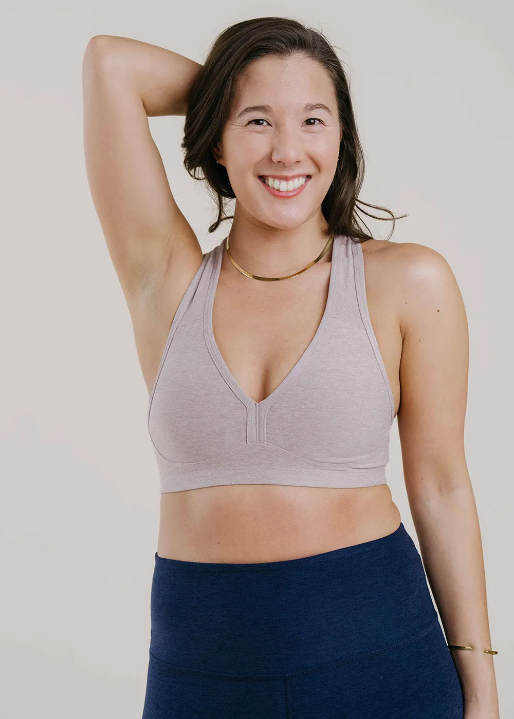 Beyond Yoga Lift Your Spirits Bra - Chai AntiPilling Technology Smile Glow