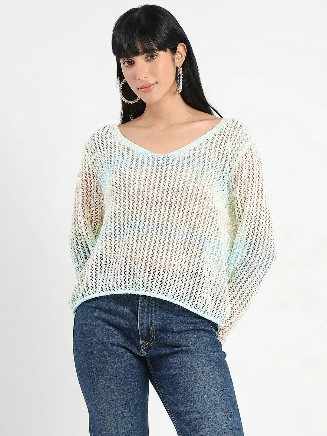 Madame Ombre Crochet Multicolor Knitted Top Casual Shirt Utility Jacket