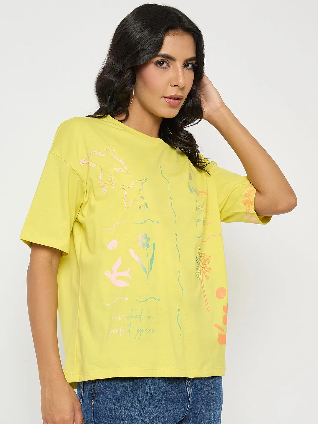 Madame All Over Print Lemon Yellow T-Shirt Multi Panel Structure Eye-Catching