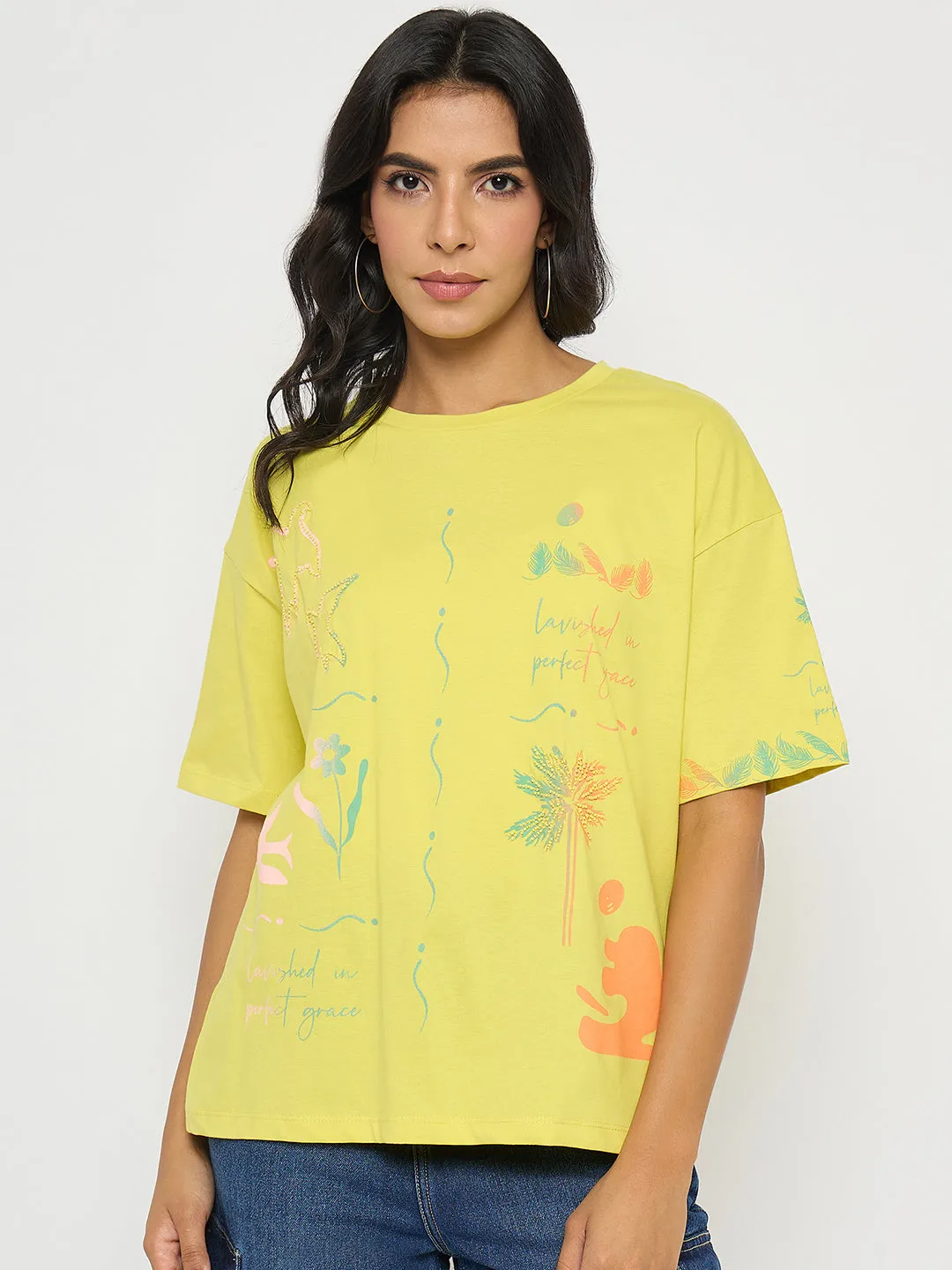 Hypoallergenic Textile Compact Stitch Pattern Madame All Over Print Lemon Yellow T-Shirt