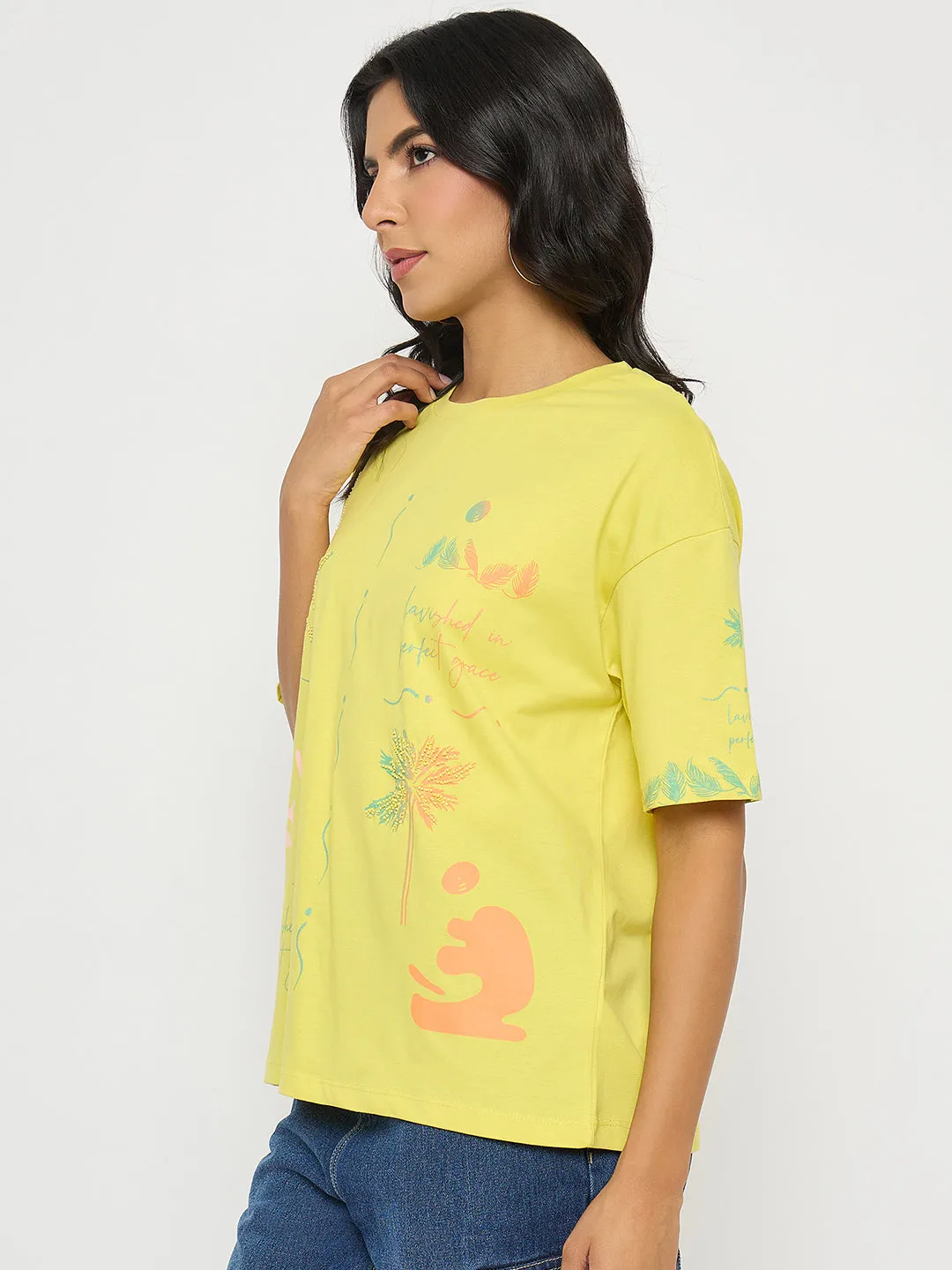 Anti Pilling Surface Day-to-Night Look Madame All Over Print Lemon Yellow T-Shirt