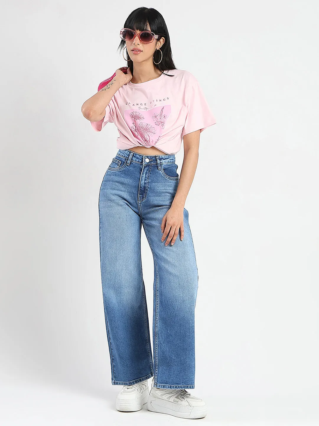crew neck soft look Madame Graphic Foil Print Handwork Detail Pink Cotton T-shirt
