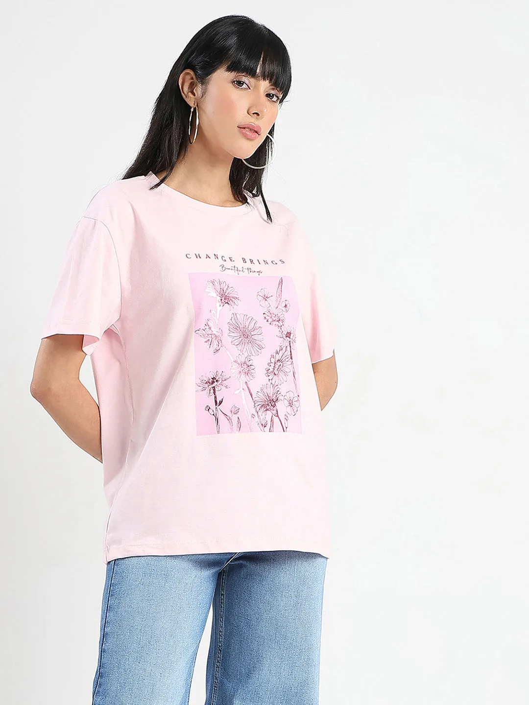 City Outfit Garment Dyed Technique Madame Graphic Foil Print Handwork Detail Pink Cotton T-shirt