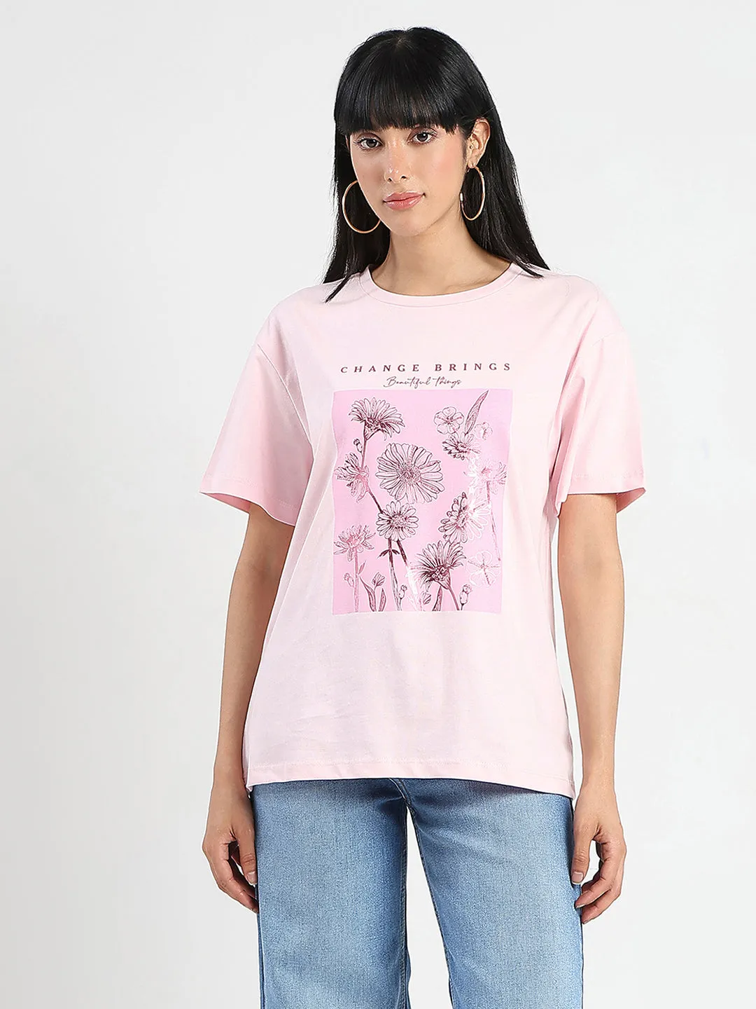 High-Quality Cotton Madame Graphic Foil Print Handwork Detail Pink Cotton T-shirt