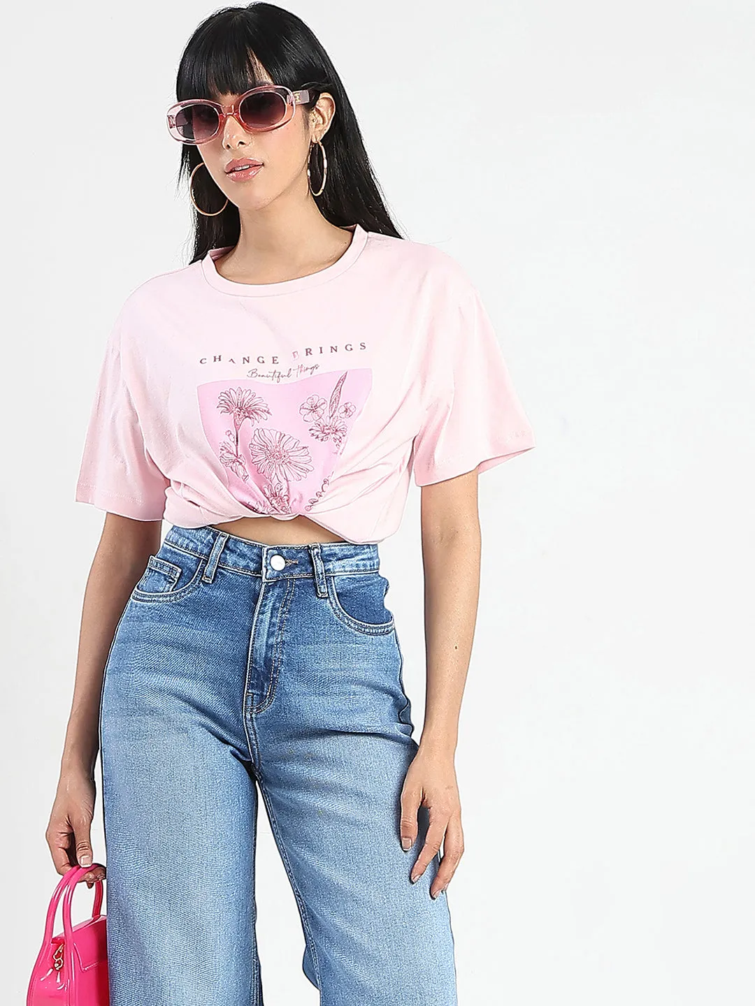 Madame Graphic Foil Print Handwork Detail Pink Cotton T-shirt Eco Friendly Material