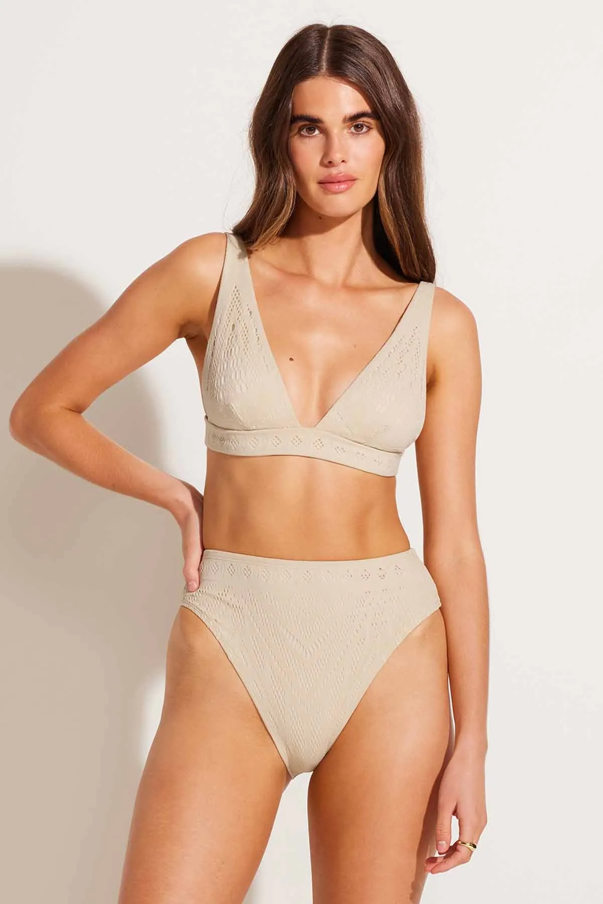 Barcelona High Waist Bottom - Natural Calico Crochet Moisture Wicking Fibers Convertible Neckline